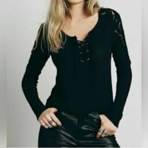 Free People Lace Tunic Black Long Sleeve Top